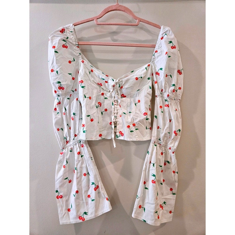 ASOS DESIGN Cherry Print Lace Up Puff Sleeve Crop Top Corset White Red US 4